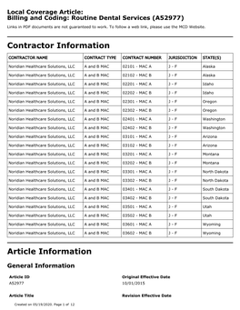 Billing and Coding: Routine Dental Services Local Coverage Article