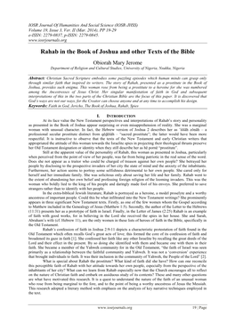 Rahab in the Book of Joshua and Other Texts of the Bible