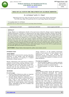 Role of Jal Neti in the Treatment of Allergic Rhinitis