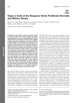 Virgin Β-Cells at the Neogenic Niche Proliferate Normally and Mature