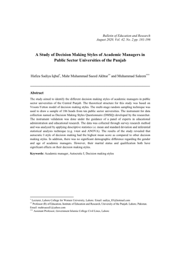 A Study of Decision Making Styles of Academic Managers in Public Sector Universities of the Punjab