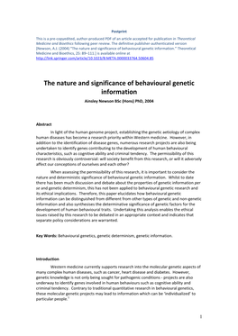 The Nature and Significance of Behavioural Genetic Information