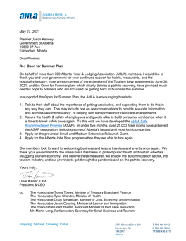 Inspiring Service, Growing Value May 27, 2021 Premier Jason Kenney Government of Alberta 10800 97 Ave Edmonton, Alberta Dear Pr
