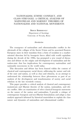 Nationalism, Ethnic Conflict, and Class Struggle: a Critical Analysis of Mainstream and Marxist Theories of Nationalism and National Movements