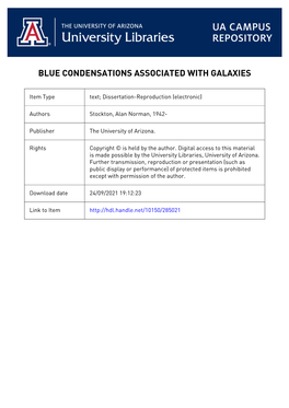 69-4046 STOCKTON, Alan Norman, 1942- BLUE CONDENSATIONS ASSOCIATED with GALAXIES. University of Arizona, Ph.D., 1968 Astronomy