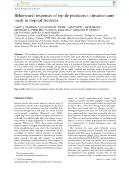 Behavioural Responses of Reptile Predators to Invasive Cane Toads in Tropical Australia