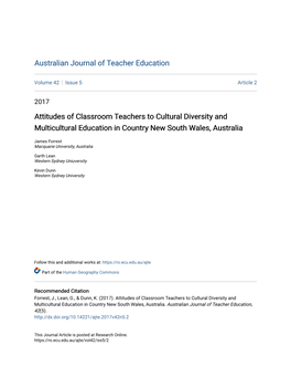 Attitudes of Classroom Teachers to Cultural Diversity and Multicultural Education in Country New South Wales, Australia