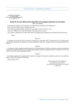 Arrêté Du 16 Mars 2012 Portant Dissolution De La Brigade Territoriale