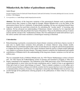Milankovitch, the Father of Paleoclimate Modeling