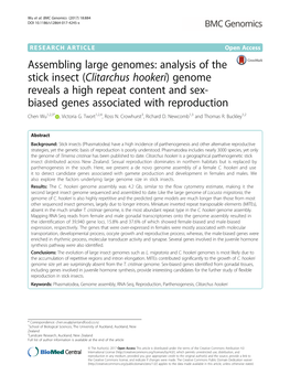 Analysis of the Stick Insect (Clitarchus Hookeri) Genome Reveals a High Repeat Content and Sex- Biased Genes Associated with Reproduction Chen Wu1,2,3* , Victoria G