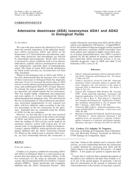 Adenosine Deaminase (ADA) Isoenzymes ADA1 and ADA2 in Biological Fluids