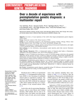 Over a Decade of Experience with Preimplantation Genetic Diagnosis a Multicenter Report