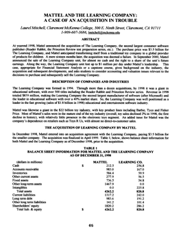 MATTEL and the LEARNING COMPANY: a CASE of an ACQUISITION in TROUBLE Laurel Mitchell, Claremont Mckenna College, 500 E