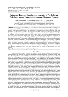 Optimism, Hope, and Happiness As Correlates of Psychological Well-Being Among Young Adult Assamese Males and Females