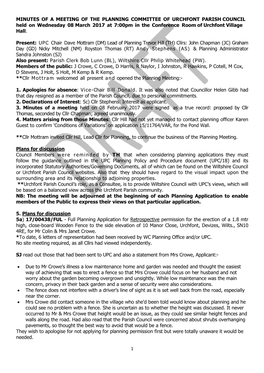 MINUTES of a MEETING of the PLANNING COMMITTEE of URCHFONT PARISH COUNCIL Held on Wednesday 08 March 2017 at 7:00Pm in the Conference Room of Urchfont Village Hall