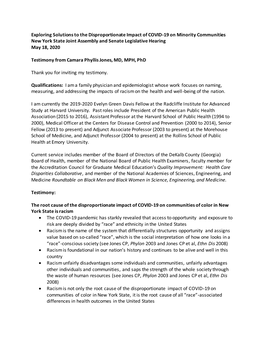 Exploring Solutions to the Disproportionate Impact of COVID-19 on Minority Communities New York State Joint Assembly and Senate Legislative Hearing May 18, 2020