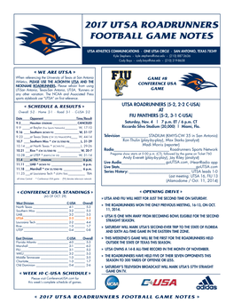 2017 Utsa Roadrunners Football Game Notes