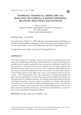 Marriage and Ritual Among the Ata Baolangu of Lembata, Eastern Indonesia: Meanings, Practices and Contexts