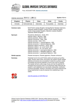 Asterias Amurensis Global Invasive