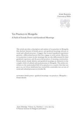 Tea Practices in Mongolia a Field of Female Power and Gendered Meanings