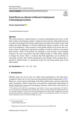 Social Norms As a Barrier to Women's Employment in Developing Countries