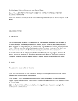 Samuel Cheon Course Theme: CREATION in the BIBLE