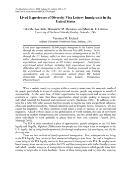 Lived Experiences of Diversity Visa Lottery Immigrants in the United States