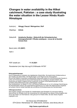 Changes in Water Availability in the Hilkot Catchment, Pakistan : a Case Study Illustrating the Water Situation in the Lesser Hindu Kush- Himalayas