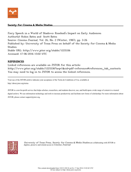 Fiery Speech in a World of Shadows: Rosebud's Impact on Early Audiences Author(S): Robin Bates and Scott Bates Source: Cinema Journal, Vol