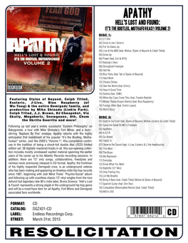 DGZ 421 APATHY Hell's Lost and Found CD