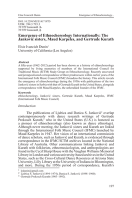 Emergence of Ethnochoreology Internationally: the Janković Sisters, Maud Karpeles, and Gertrude Kurath