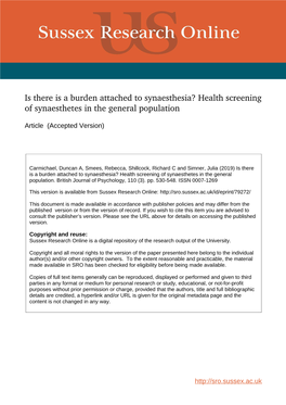 Is There Is a Burden Attached to Synaesthesia? Health Screening of Synaesthetes in the General Population