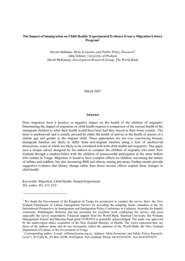 The Impact of Immigration on Child Health: Experimental Evidence from a Migration Lottery Program1