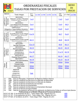 ORDENANZAS FISCALES MENU TASAS POR PRESTACION DE SERVICIOS DE INICIO INICIO 2.1– 2.6– Texto Integro 2.2–TMM 2.3-TMA 2.4-TEI 2.5-TAL 2.7–TSA 2.8-TMC