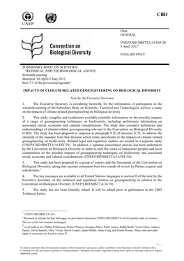 Impacts of Climate Related Geo-Engineering on Biological Diversity