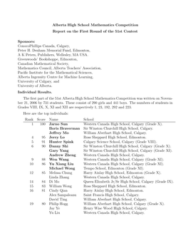 Alberta High School Mathematics Competition Report on the First Round of the 51St Contest