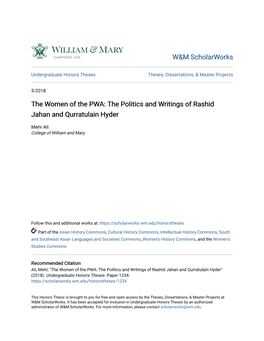 The Women of the PWA: the Politics and Writings of Rashid Jahan and Qurratulain Hyder