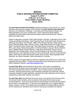 MINUTES PUBLIC DEFENSE REFORM INTERIM COMMITTEE August 15, 2013 8:00 A.M