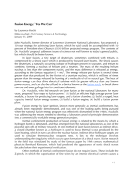 Fusion Energy: `Yes We Can' by Laurence Hecht Editor-In-Chief, 21St Century Science & Technology January 11, 2009