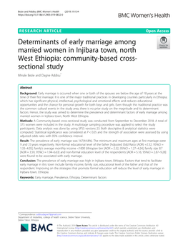 Determinants of Early Marriage Among Married Women in Injibara Town, North West Ethiopia: Community-Based Cross- Sectional Study Minale Bezie and Dagne Addisu*