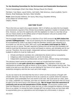 2021-02-03 1 To: the Standing Committee for the Environment and Sustainable Development, Francis Scarpaleggia (Chair) Dan Albas