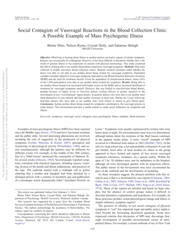 Social Contagion of Vasovagal Reactions in the Blood Collection Clinic: a Possible Example of Mass Psychogenic Illness