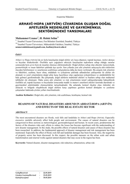 Arhavi-Hopa (Artvin) Civarinda Oluşan Doğal Afetlerin Nedenleri Ve Gayrimenkul Sektöründeki Yansimalari