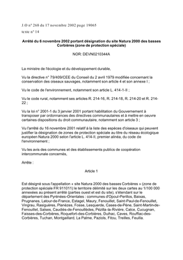 Arrêté Du 6 Novembre 2002 Portant Désignation Du Site Natura 2000 Des Basses Corbières (Zone De Protection Spéciale)