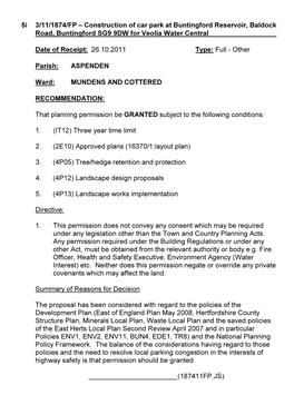 5I 3/11/1874/FP – Construction of Car Park at Buntingford Reservoir, Baldock Road, Buntingford SG9 9DW for Veolia Water Central