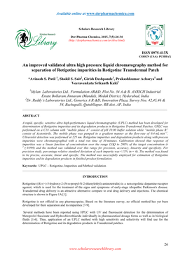 An Improved Validated Ultra High Pressure Liquid Chromatography Method for Separation of Rotigotine Impurities in Rotigotine Transdermal Patch