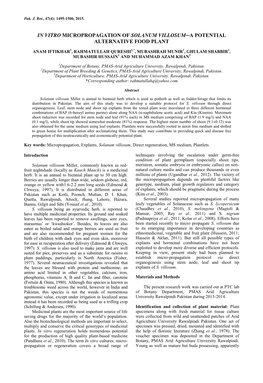 In Vitro Micropropagation of Solanum Villosum A