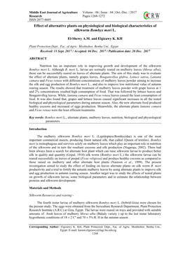 Effect of Alternative Plants on Physiological and Biological Characteristics of Silkworm Bombyx Mori L