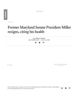 Former Maryland Senate President Miller Resigns, Citing His Health