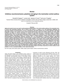 Review Inhibitory Neurotransmission, Plasticity and Aging in the Mammalian Central Auditory System